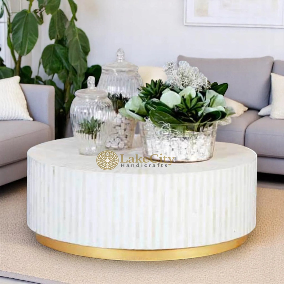 Bone Inlay Stripe Design Round Center Table White | Bone Inlay Stripe Design Round Coffee Table White