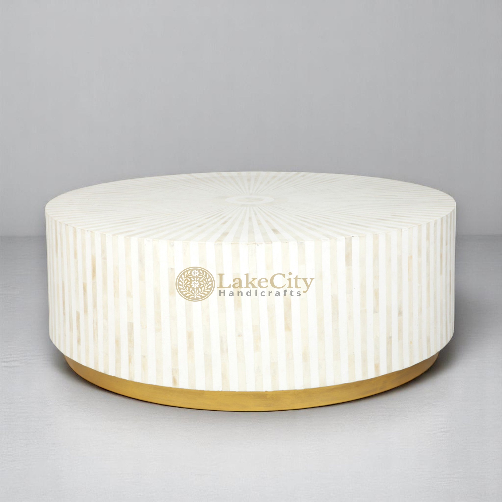 Bone Inlay Stripe Design Round Center Table White | Bone Inlay Stripe Design Round Coffee Table White