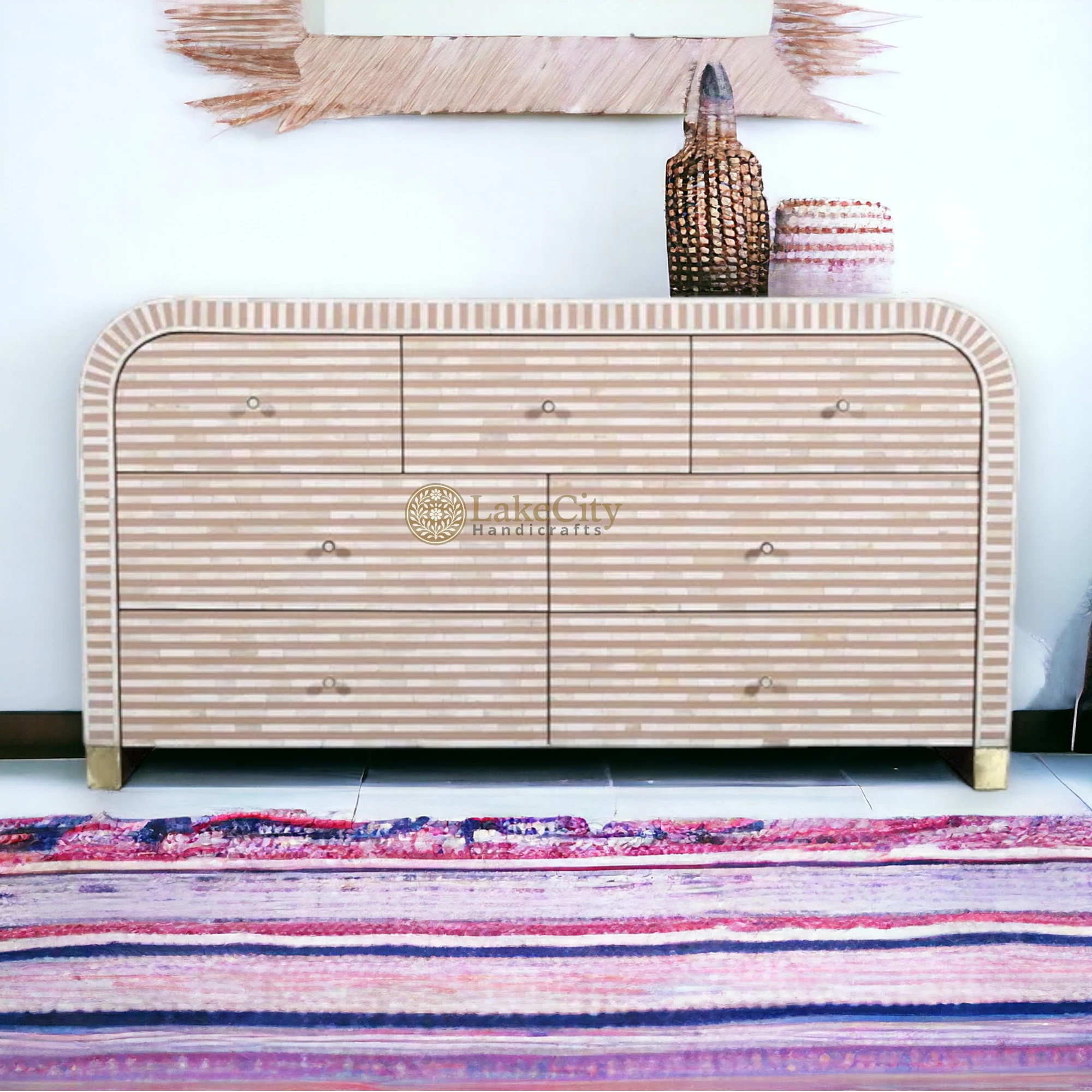 Bone Inlay Waterfall Stripe 7 Drawers Chest | Bone Inlay Waterfall Stripe 7 Drawers Dresser Table