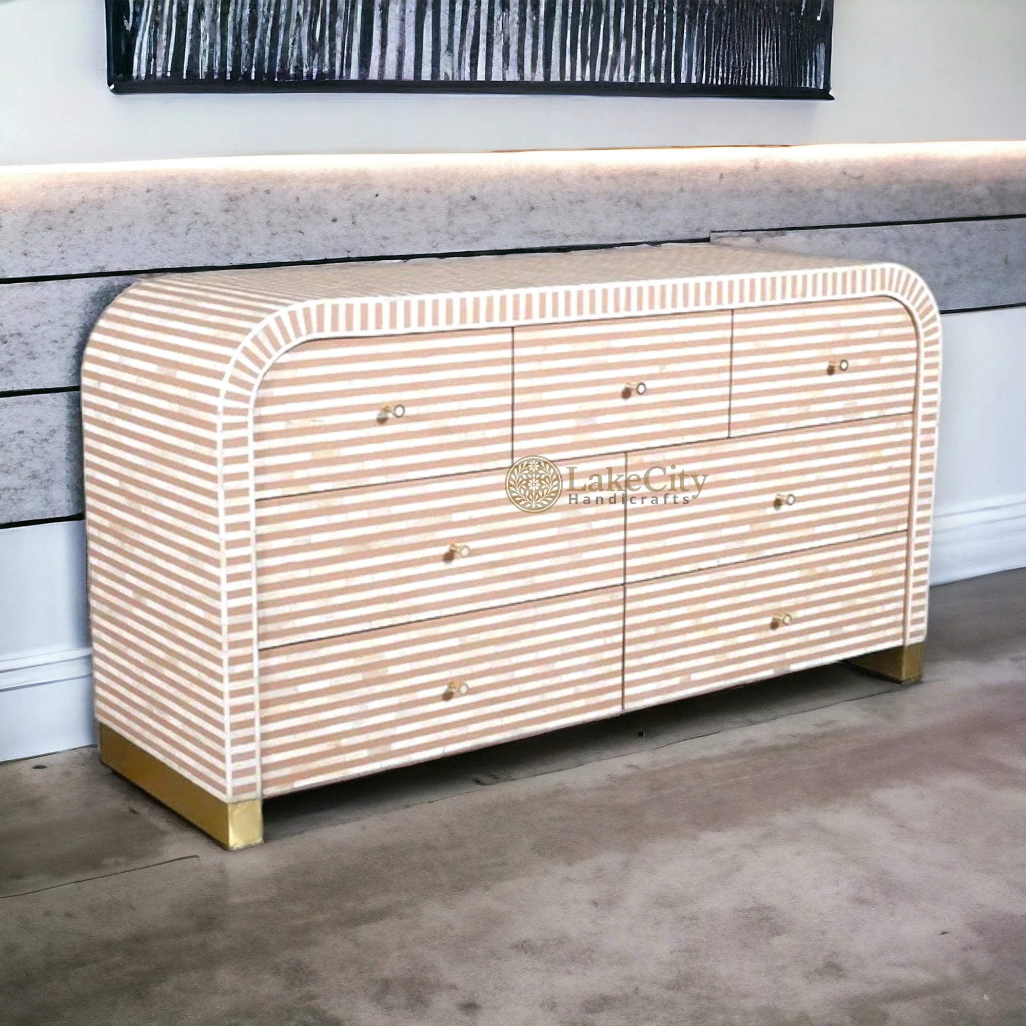 Bone Inlay Waterfall Stripe 7 Drawers Chest | Bone Inlay Waterfall Stripe 7 Drawers Dresser Table