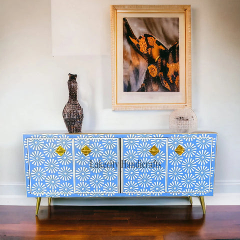 Bone Inlay Sun Design Media Console Blue | Entertainment Unit