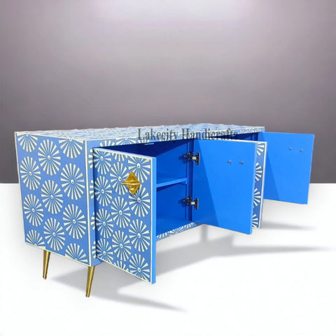 Bone Inlay Sun Design Media Console Blue | Entertainment Unit