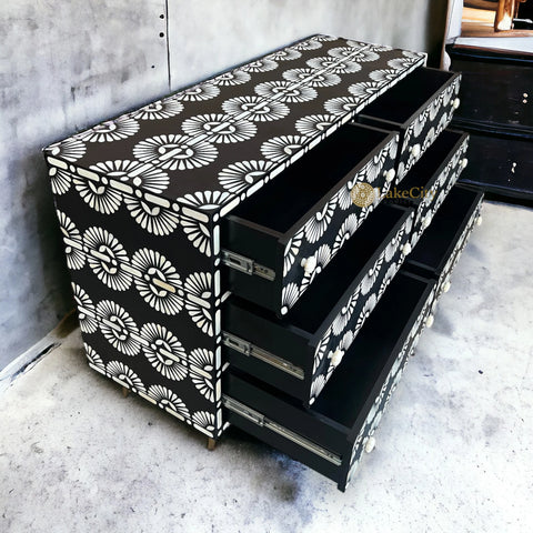 Tokyo Bone Inlay Six Drawer Dresser Black | Black Bone Inlay Chest Of Drawer