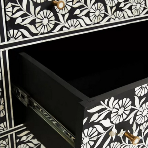 Bone Inlay Sun Flora Design 6 Drawers Chest Black