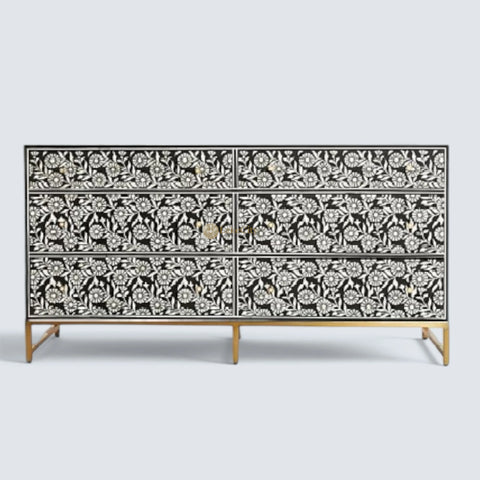 Bone Inlay Sun Flora Design 6 Drawers Chest Black