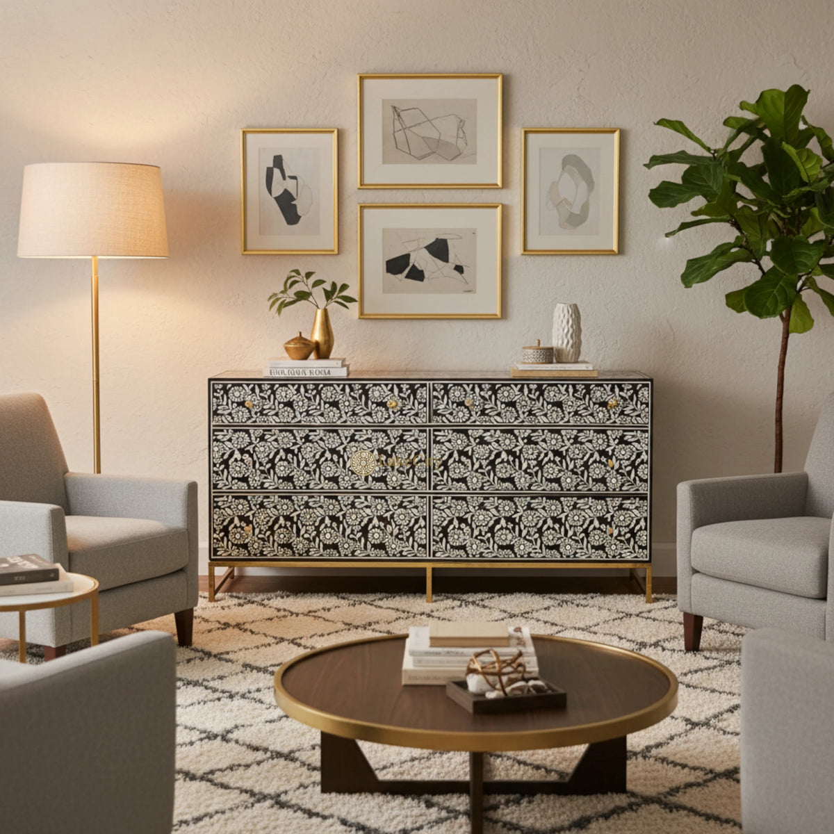 Bone Inlay Sun Flora Design 6 Drawers Chest Black