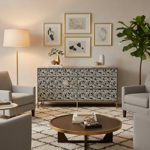 Bone Inlay Sun Flora Design 6 Drawers Chest Black