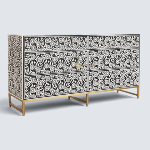 Bone Inlay Sun Flora Design 6 Drawers Chest Black