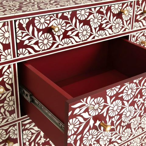 Bone Inlay Sun Flora Design 6 Drawers Chest Red