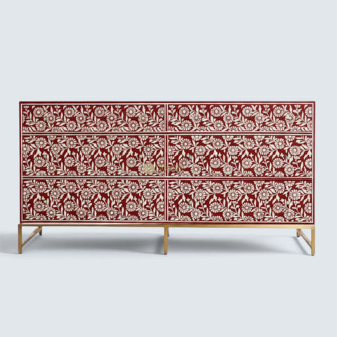 Bone Inlay Sun Flora Design 6 Drawers Chest Red