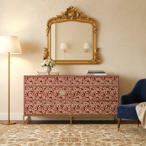 Bone Inlay Sun Flora Design 6 Drawers Chest Red