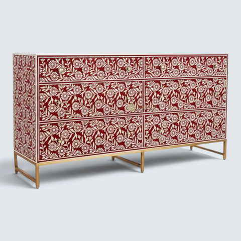 Bone Inlay Sun Flora Design 6 Drawers Chest Red