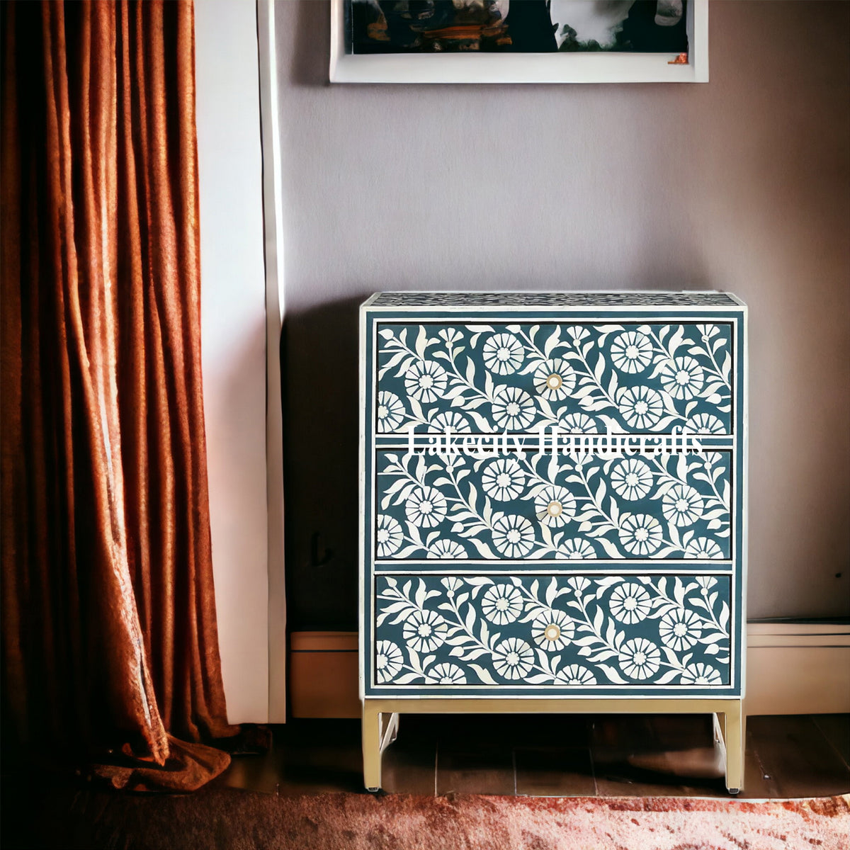 Lalita Bone Inlay Nightstand Teal Green | Green Bedside Table