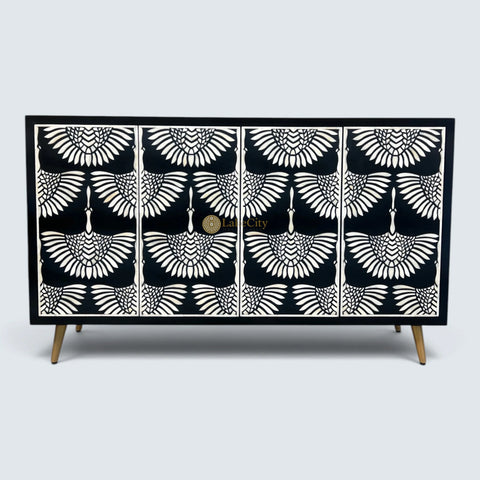 Mesa buffet negra con diseño de cisne y incrustaciones de hueso, 2 cajones y 4 puertas