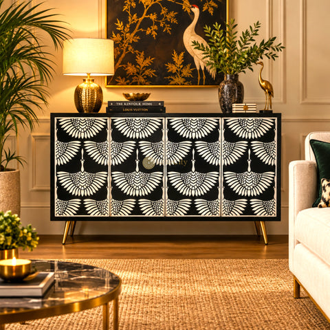 Mesa buffet negra con diseño de cisne y incrustaciones de hueso, 2 cajones y 4 puertas