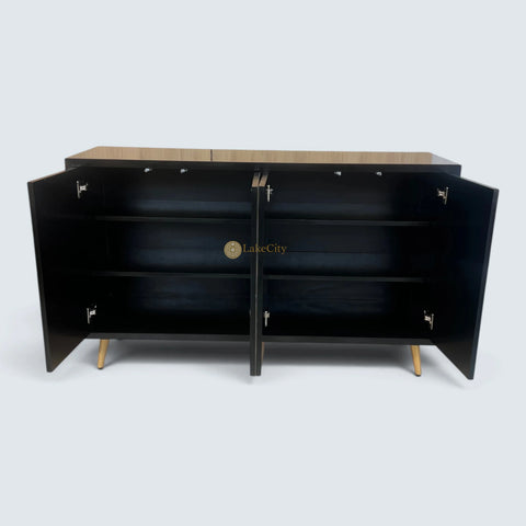 Mesa buffet negra con diseño de cisne y incrustaciones de hueso, 2 cajones y 4 puertas