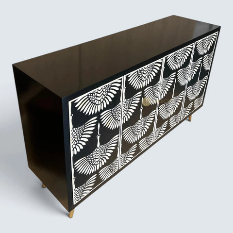 Mesa buffet negra con diseño de cisne y incrustaciones de hueso, 2 cajones y 4 puertas