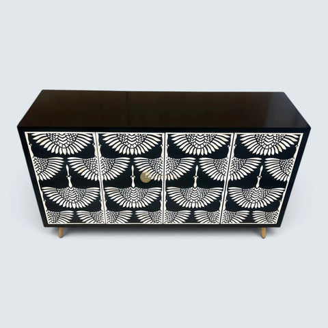 Mesa buffet negra con diseño de cisne y incrustaciones de hueso, 2 cajones y 4 puertas