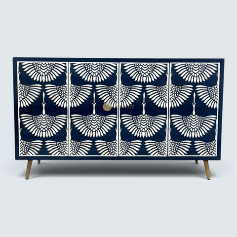 Buffet 2 tiroirs et 4 portes en marqueterie d'os, design cygne, noir