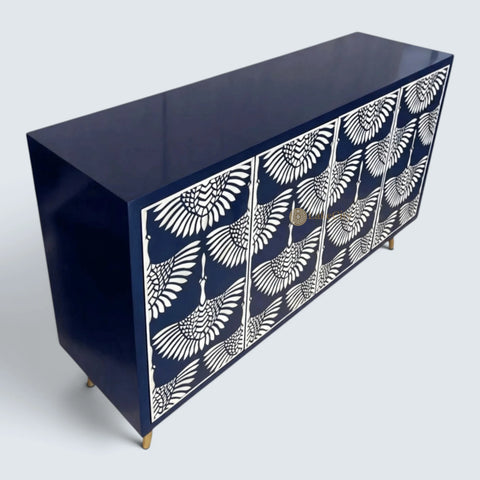 Buffet 2 tiroirs et 4 portes en marqueterie d'os, design cygne, noir
