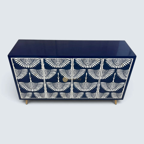Buffet 2 tiroirs et 4 portes en marqueterie d'os, design cygne, noir