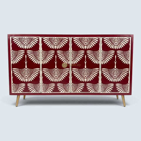 Buffet 2 tiroirs et 4 portes en marqueterie d'os, design cygne, noir