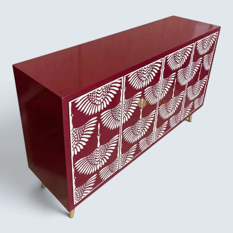 Buffet 2 tiroirs et 4 portes en marqueterie d'os, design cygne, noir
