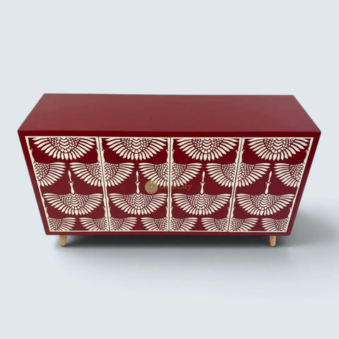 Buffet 2 tiroirs et 4 portes en marqueterie d'os, design cygne, noir