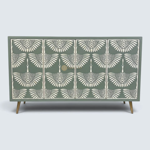 Bone Inlay Swan Cabinet 4 Doors Slate Green