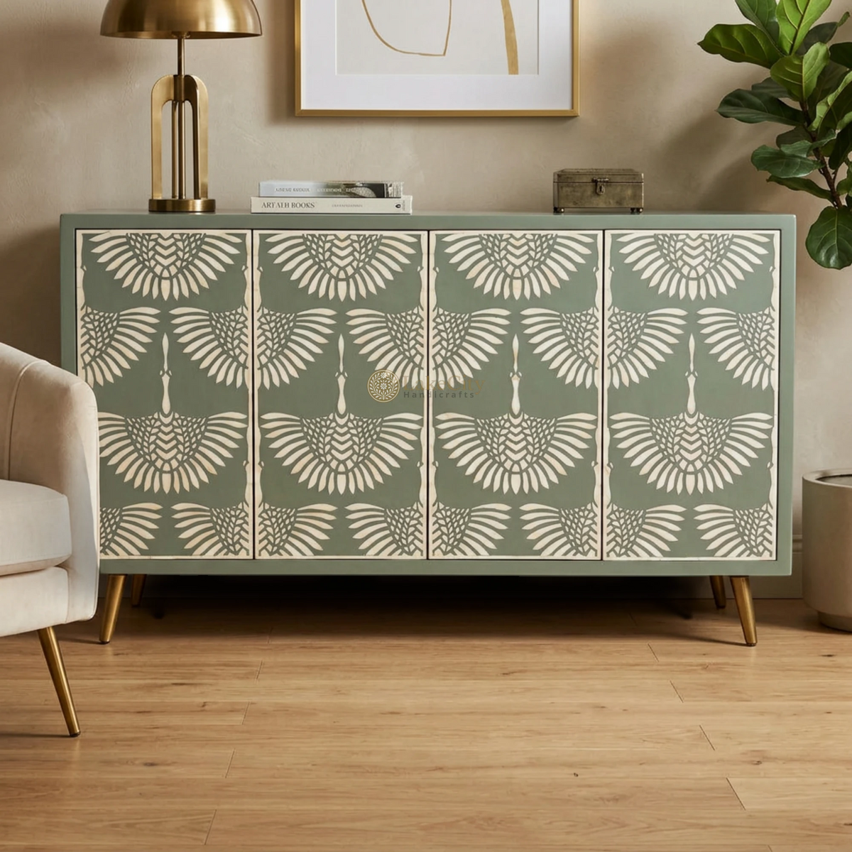 Bone Inlay Swan Cabinet 4 Doors Slate Green