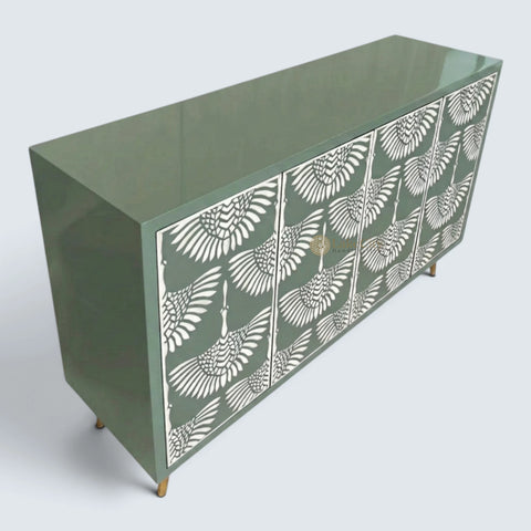 Bone Inlay Swan Cabinet 4 Doors Slate Green