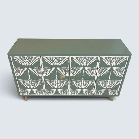 Bone Inlay Swan Cabinet 4 Doors Slate Green