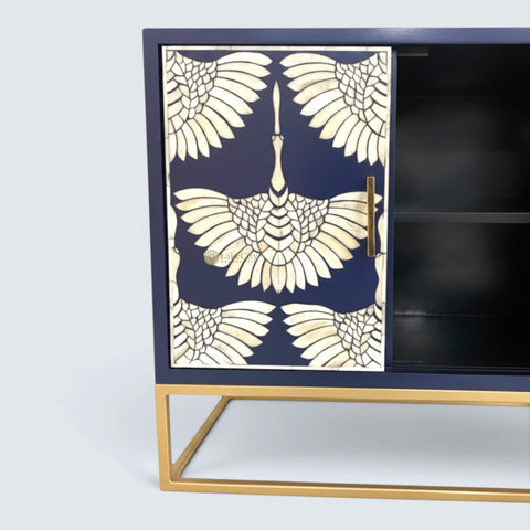 Bone Inlay Swan Design 2 Doors Bar Cabinet Indigo Blue