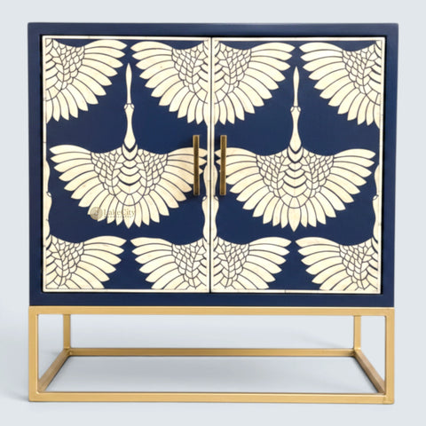 Bone Inlay Swan Design 2 Doors Bar Cabinet Indigo Blue