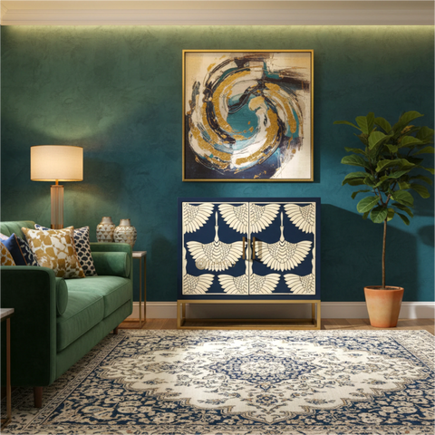 Bone Inlay Swan Design 2 Doors Bar Cabinet Indigo Blue