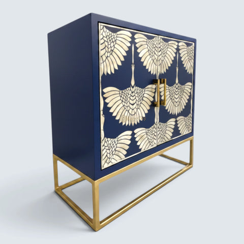 Bone Inlay Swan Design 2 Doors Bar Cabinet Indigo Blue