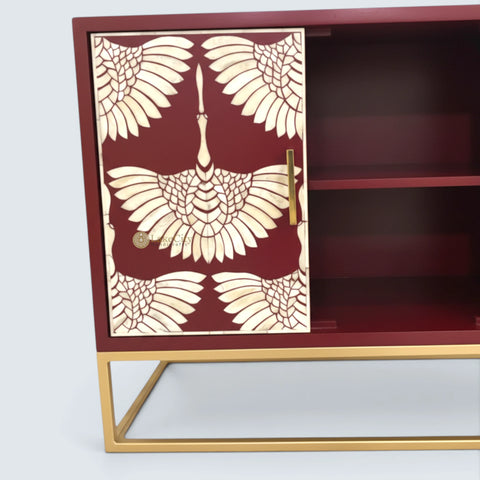 Bone Inlay Swan Design 2 Doors Bar Cabinet Red