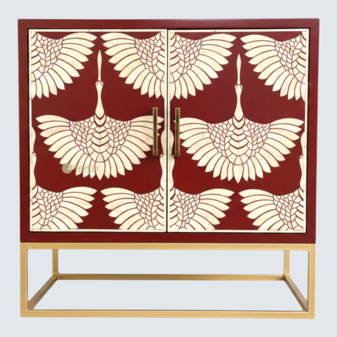 Bone Inlay Swan Design 2 Doors Bar Cabinet Red
