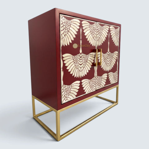Bone Inlay Swan Design 2 Doors Bar Cabinet Red