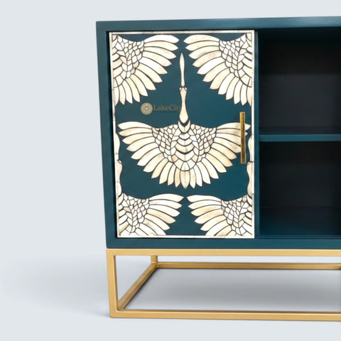 Bone Inlay Swan Design 2 Doors Bar Cabinet Teal Blue