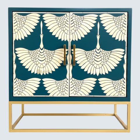 Bone Inlay Swan Design 2 Doors Bar Cabinet Teal Blue