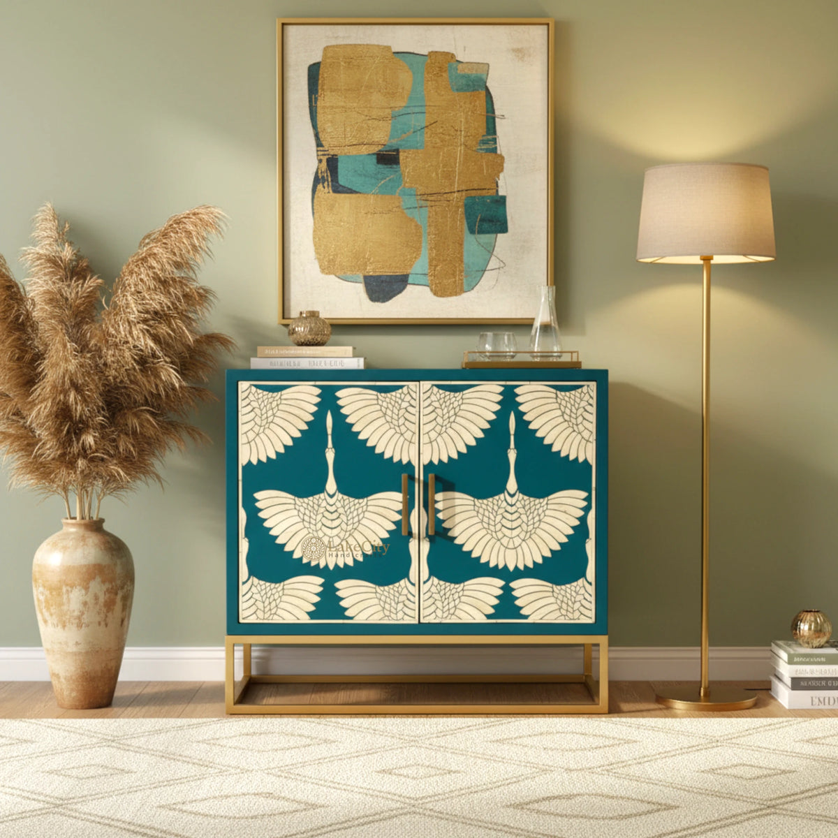 Bone Inlay Swan Design 2 Doors Bar Cabinet Teal Blue