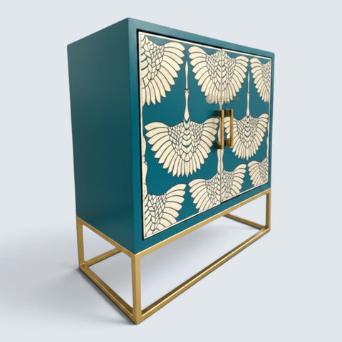 Bone Inlay Swan Design 2 Doors Bar Cabinet Teal Blue