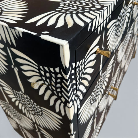 Buffet 2 tiroirs et 4 portes en marqueterie d'os, design cygne, noir