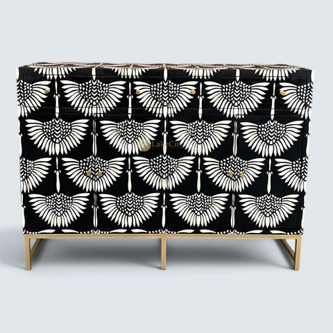 Buffet 2 tiroirs et 4 portes en marqueterie d'os, design cygne, noir