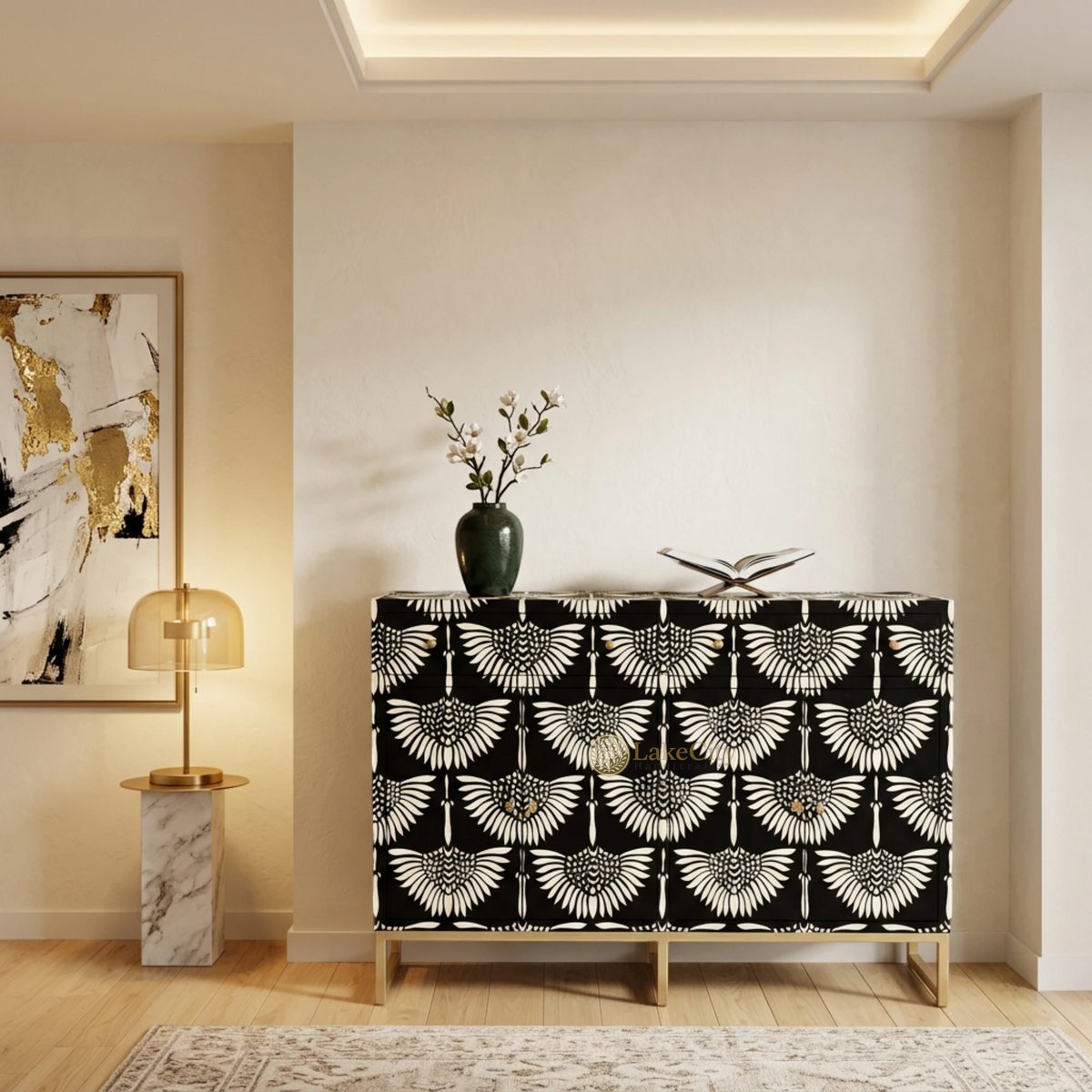 Buffet 2 tiroirs et 4 portes en marqueterie d'os, design cygne, noir