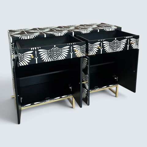 Buffet 2 tiroirs et 4 portes en marqueterie d'os, design cygne, noir