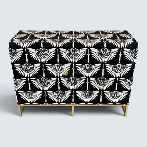 Buffet 2 tiroirs et 4 portes en marqueterie d'os, design cygne, noir
