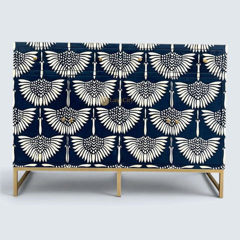 Bone Inlay Swan Design 2 Drawers & 4 Doors Buffet Table Indigo Blue