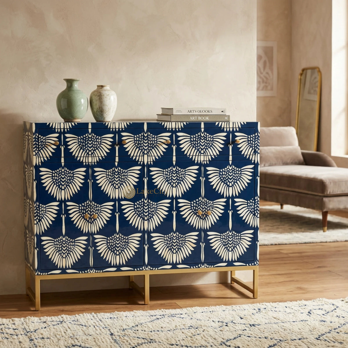 Bone Inlay Swan Design 2 Drawers & 4 Doors Buffet Table Indigo Blue